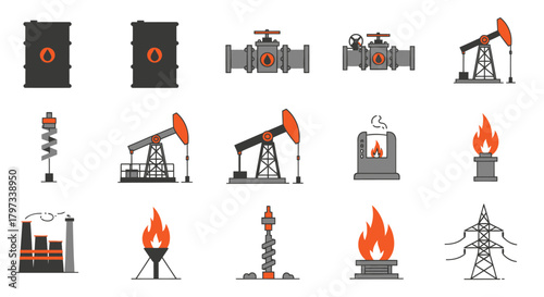 Oil and Gas Industry Icons: Barrels Pipelines Pumps Flames and Power Lines.