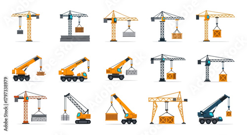 A diverse collection of industrial construction cranes including tower mobile and gantry types illustrated in a flat vector style.