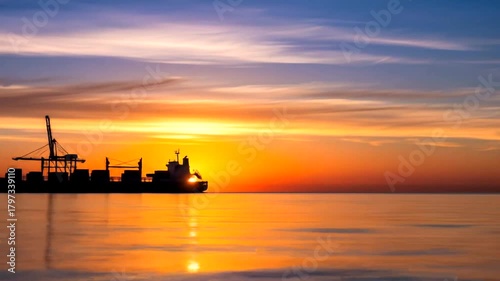 Silhouette of a cargo ship sailing on the sea at sunset, with a vibrant orange and blue sky.
