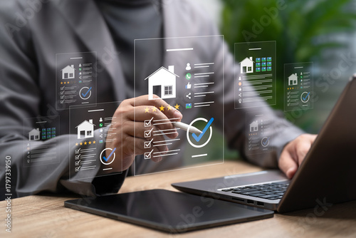 Real Estate Review and Rating Concept, Businessman Evaluating Property Investment, Online Housing Score, Transparent Real Estate Transactions, Profit Opportunities and Secure Property Ownership