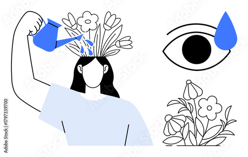 Woman watering blooming plants sprouting from her head, an eye shedding a tear, and floral details. Ideal for mental health, personal growth, self-care, mindfulness, emotional well-being, creativity