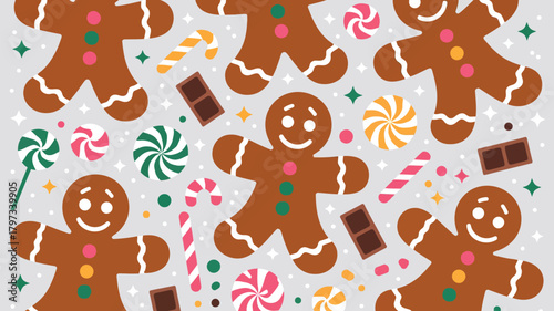 Festive gingerbread men and candy create a delightful Christmas pattern perfect for holiday cards, gift wrap, or baking themed designs!