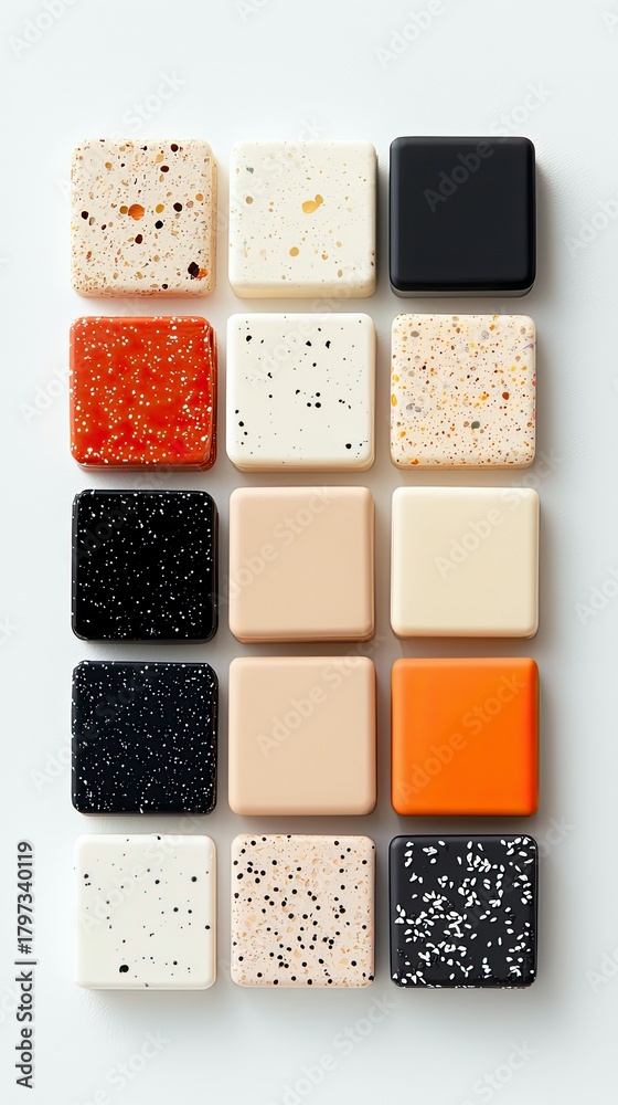 Fototapeta premium A grid of 15 square material samples, showcasing various speckled and solid color finishes, arranged on a white background.