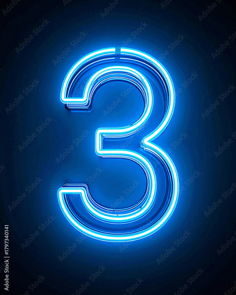 Naklejka premium Neon Number 3 on Dark Background, Glowing Blue Light