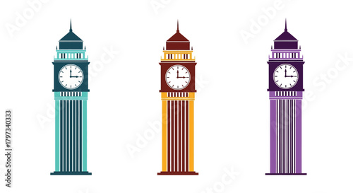 Three colorful depictions of big ben clock towers stand prominently displayed