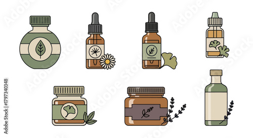 Illustrated set of herbal medicine bottles jars and droppers with natural plant ingredients.