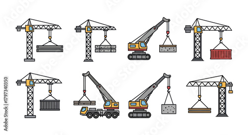 Set of Industrial Cranes Lifting Cargo Containers Vector Illustration.