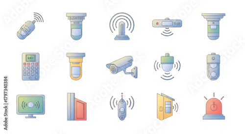 Collection of Colorful Security and Surveillance Icons.