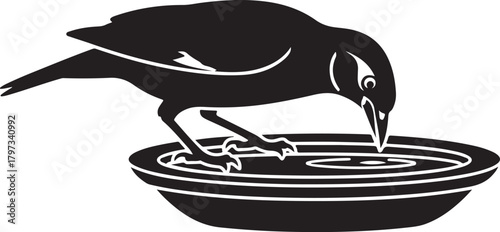 Black silhouette of a bird drinking from a shallow dish water