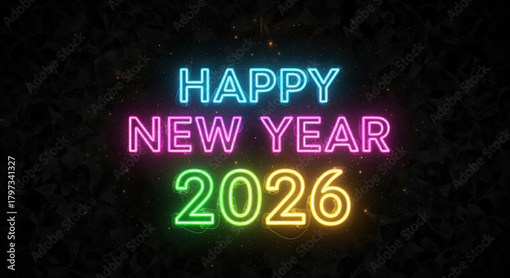 Obraz premium Bright Glowing Neon Happy New Year 2026 Text On Luxury Dark Shimmering Background