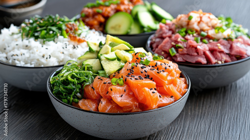 Fresh salmon poke bowl with avocado, seaweed salad and rice, appetizing colorful meal