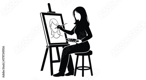 Silhouette of a woman artist painting on a canvas with an easel