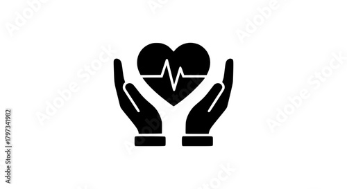Heart Care Symbol Hands Protecting a Heart with Pulse Line.