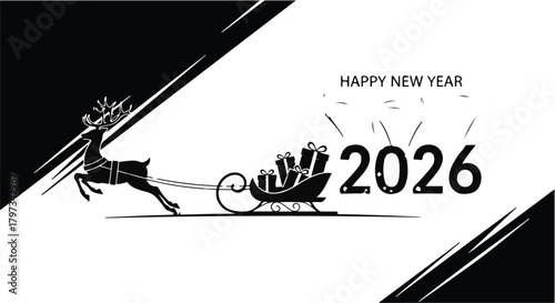 Festive reindeer pulling sleigh with gifts towards the year 2026 celebration