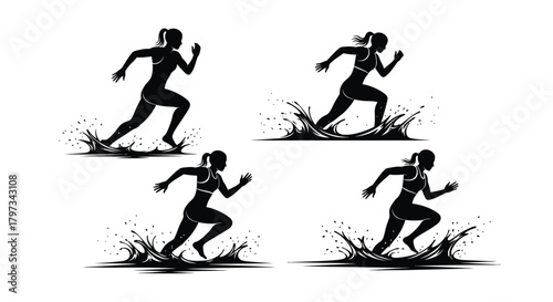 Silhouettes of female runners splashing through water dynamic action poses