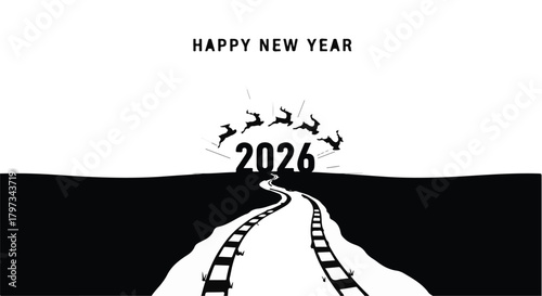 Happy New Year 2026 graphic with a train track leading to the future and leaping reindeer.