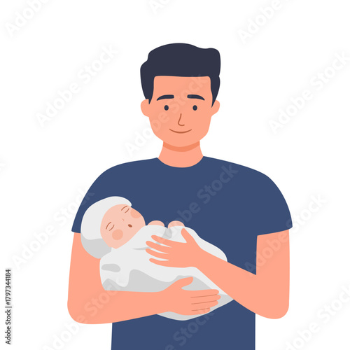 Father holding baby in a carrier. Vector illustration of a smiling dad wearing a blue shirt carrying a sleeping baby in a white carrier with teddy bear designs. Parenting concept.