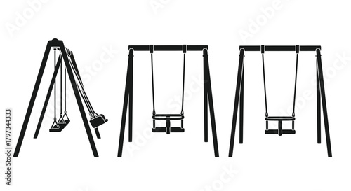 Black and white illustration of three different types of swingsets