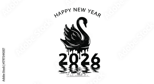 Elegant black swan illustration marking the arrival of the New Year 2026 with a melting effect.