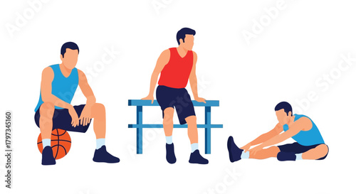 Three basketball players resting on the bench during a break
