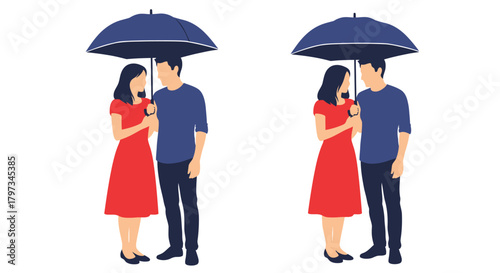 A couple sharing an umbrella depicted twice in simple illustration style