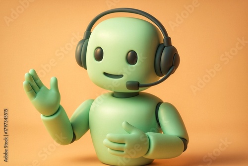Friendly green robot offering assistance with headset, customer service AI concept