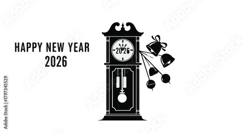 Vintage grandfather clock striking midnight for New Year 2026 celebration