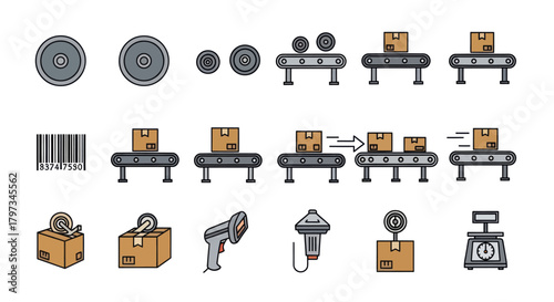 Industrial Conveyor Belt System with Boxes and Scanning Equipment Icons.