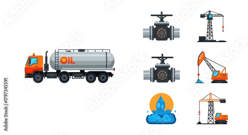 Oil Tanker Truck and Industrial Equipment Icons Set.