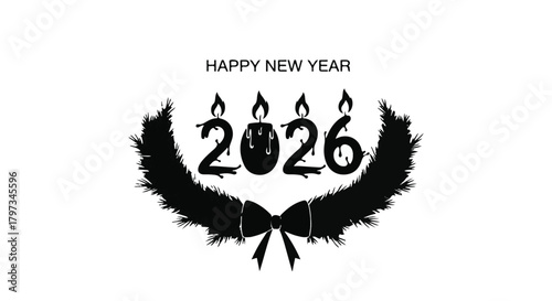 Festive New Year 2026 celebration with candles and a decorative wreath.