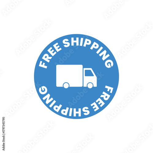A clean and modern circular “Free Shipping” label featuring a bold courier truck silhouette ideal for e-commerce promotions, delivery services, online shop banners, and marketing materials