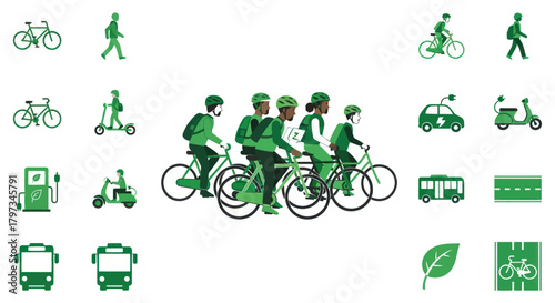 Green Transportation Icons: Cyclists Pedestrians Electric Car Scooter and Buses.