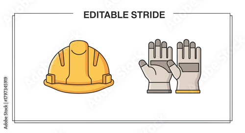 Yellow safety hard hat and protective work gloves icon Flat line color illustration of personal protective equipment.
