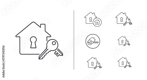 Set of Line Art House and Key Icons for Real Estate and Security.