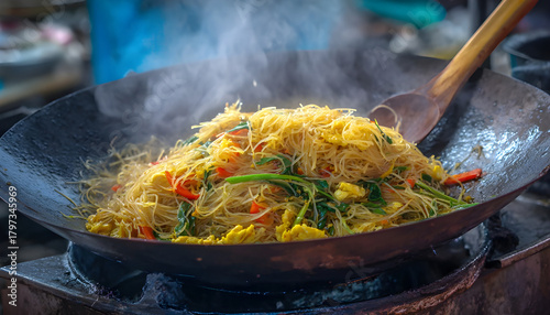 Chef is frying bihun (rice vermicelli) mixed with vegetables, egg, and spices. This flavourful dish is a popular Malaysian food, often served as a quick meal.