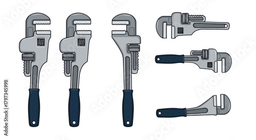 Vector illustration set of metal pipe wrenches with adjustable jaws from different angles.