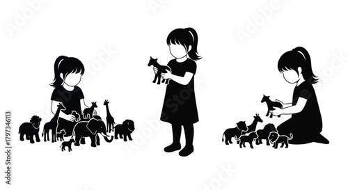 Silhouette of children playing with toy animals in a black and white design