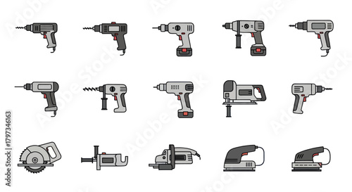 Grayscale illustrations of various construction power tools like drills saws grinders and sanders.