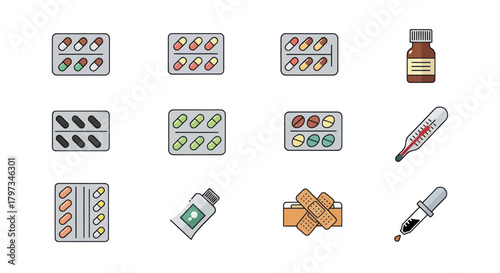 Assorted Medical Pills Medicine Bottles and Healthcare Supplies Illustration.