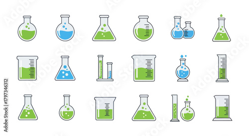 Set of cartoon laboratory glassware with green and blue liquids for science experiments.