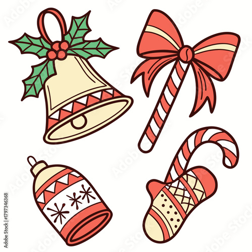 Festive Christmas Decoration: A vibrant array of Christmas ornaments, including a bell, candy cane, ornament, and stocking, evoke feelings of joy and anticipation.