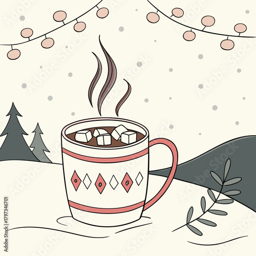 Cozy Winter Warmth: A charming illustration depicts a steaming mug of hot chocolate, adorned with marshmallows and nestled within a serene winter landscape.