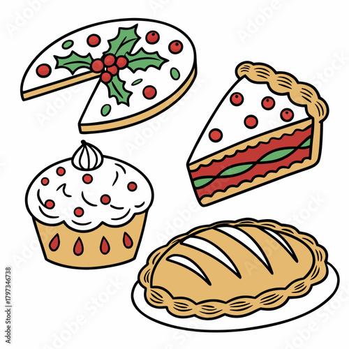 Delectable Bakery Delights: A collection of tantalizing baked goods, from a festive pie and cake, ideal for any event.