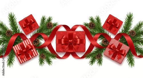 A cheerful holiday border with gifts, ribbons, and pine branches brings warmth and joy to any design. Perfect for Christmas cards, invitations, and festive promotions.