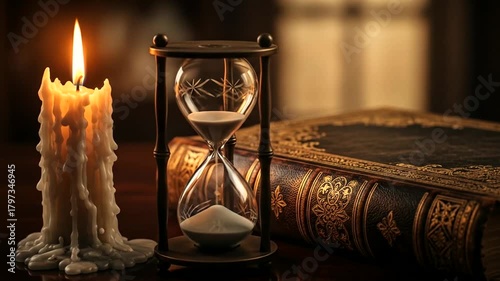 Vintage Hourglass and Candle with Old Book on Wooden Table.