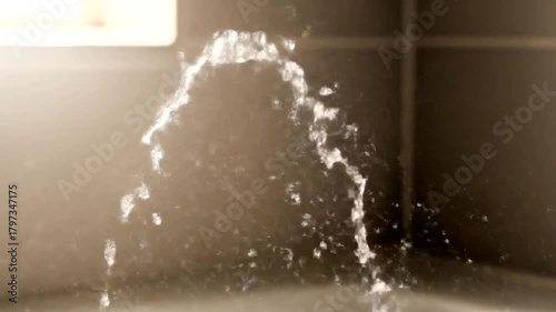 Water Splashing in a Fountain with Sun Flare.