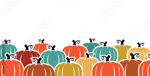 A vibrant, stylized border of multicolored pumpkins in a flat vector design. The pumpkins, in shades of teal, orange, rust, and yellow-green, fill the bottom of the frame, contrasting.