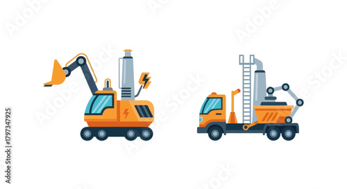 Two orange construction vehicles an excavator and a truck with equipment.