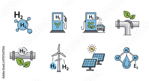 Hydrogen Energy Icons: Fueling Station Solar Panels Wind Turbine and Molecule.