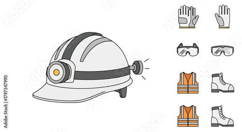 White Safety Helmet with Headlamp and Protective Gear.